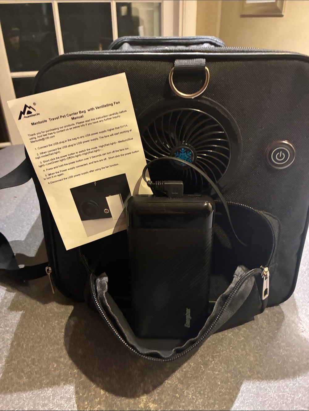 Black Pet Travel Carrier with Built-In Fan